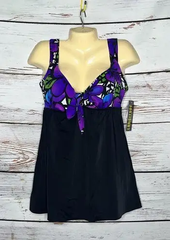 Longitude NWT Size 14 Black - Purple Floral Print Bathing Suit Swim Dress