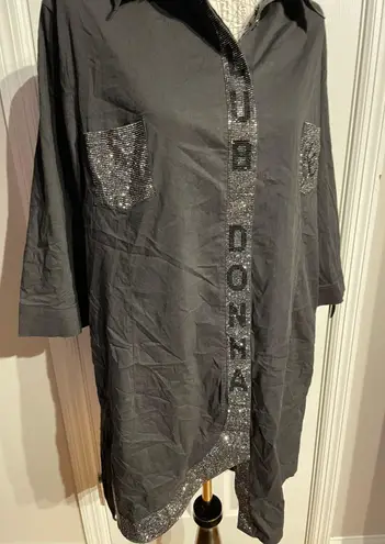 Club Donna Dress Shirt Unisex Button-Front Oversized Embellished Crystal Rhinestone Beads Tunic Camisole Whimsygoth Coastal Western Bling Bling 3/4 sleeves Shiny