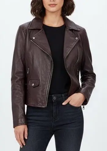 Weekend Max Mara Womens Leather Moto Jacket Burgundy Asymmetrical Zip Moto Style Brown Size 6