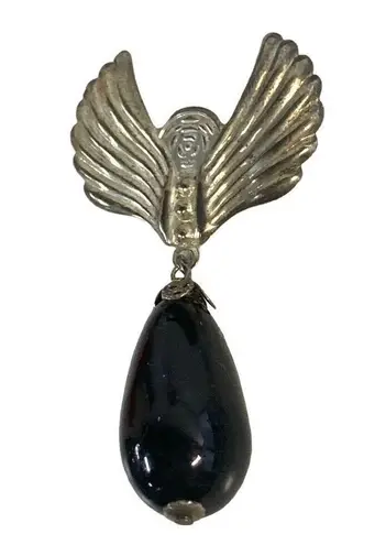 Vintage 3" Silver Tone Wings, Flower with Black Dangle Bead Brooch Silver