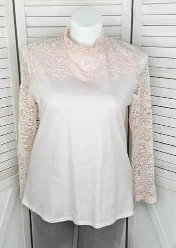 Bedford Fair Lace Sleeve Mock Neck Shirt Pink Large Tee Coquette Victorian Soft