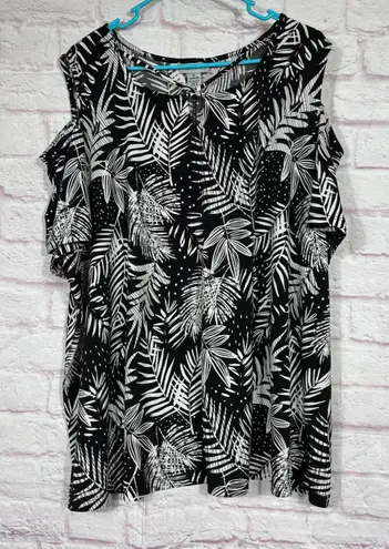 Catherines 2X Black White Leaf Print Cold Shoulder Blouse