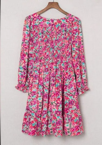 Fuchsia Smocked Puffy Sleeve Floral Drop Waist Dress