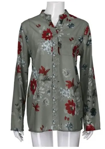 Women's Long Sleeve Floral V Neck Tops Casual Tunic Loose Shirt Button Up Shirt Multi Size L
