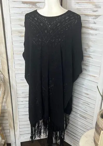 BCBGMAXAZRIA  Women's M L Drue Pointelle Sheer Lace Fringe Poncho Black Boho Goth