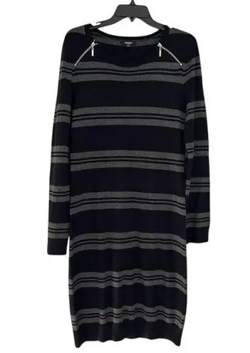 Premise Striped Knit Sweater Dress with Shoulder Zippers - Black & Gray Size L