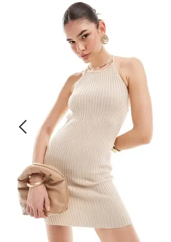 Bershka Lace-Up Back Crochet Knit Mini Dress in Tan (X-SMALL)