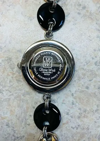 Victoria Wieck Beverly Hills Round Onyx Gemstone Link Watch Mother of Pearl Face Black