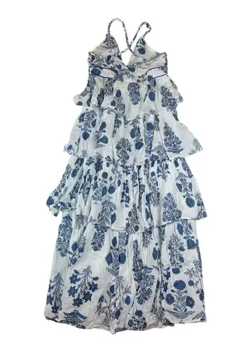 Ro's Garden size large tiered maxi dress white blue floral guest new anthropolog
