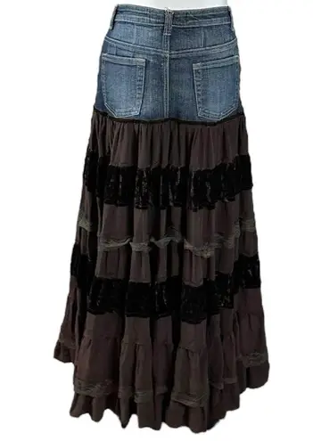 Vintage Y2K Rosa & Rose Maxi Skirt Small Denim Tiered Velvet Lace Fairy Grunge Blue