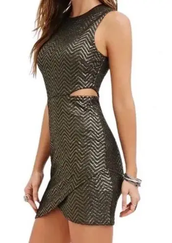 Moon Collection New The Moon Metallic Chevron Cut Out Side Mini Dress Gold Black