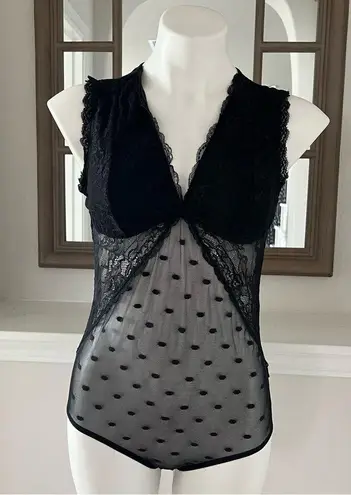 Flora Nikrooz Mesh Bodysuit Black Sheer Lace Floral Size L