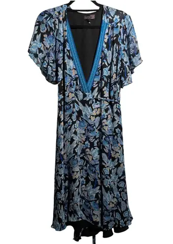 Hale Bob Floral Bird Print Wrap Midi Dress Blue Black Flutter Sleeve M Fairy - Image 1