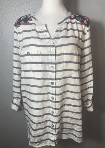 John Mark Tunic Top Striped Linen Floral Embroidered Button Split V Neck L