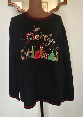 Womens XXL Christmas Sweater Embroidered Candy Cane Gingerbread Holiday Black