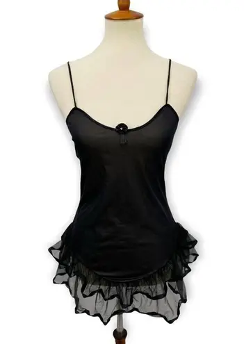 Vintage Nylon Black Ruffle Skirt Cami Dress Semi Sheer