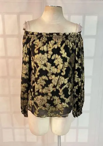 Hale Bob viola black gold metallic jacquard floral blouse size small