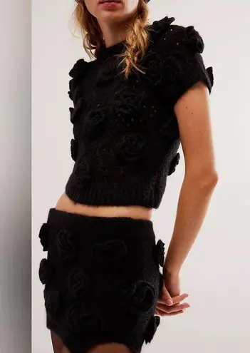 Tach Clothing Women’s Polina Top Elena Crochet Knit Skirt Set Black Rosettes S