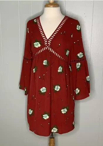 Entro Red Floral Boho Tunic Mini Dress With Bell Sleeves Like New S