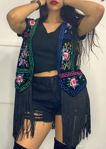 Punch vintage floral embroidered vest with fringe Multi Size M