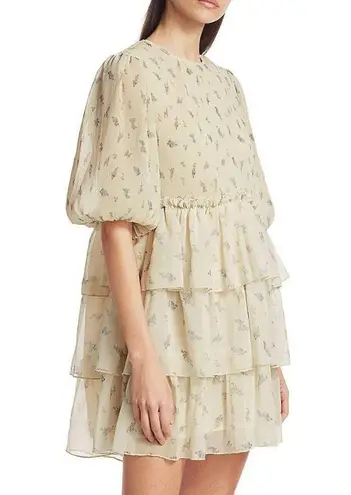 Ganni Size 40/ US Large Floral Print Pleated Georgette Babydoll Mini Dress