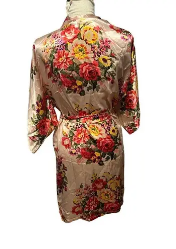 Satin Tie Belted Robe Apricot Pink Floral Bouquet Kimono Size M