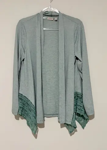 LOGO By Lori Goldstein stripe Lace Trim Tiered Ruffle Open Green Cardigan medium