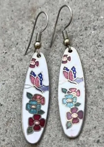 Vintage Enamel Flower & Butterfly Brass Earrings Pierce Dangle Work Gold Tone White