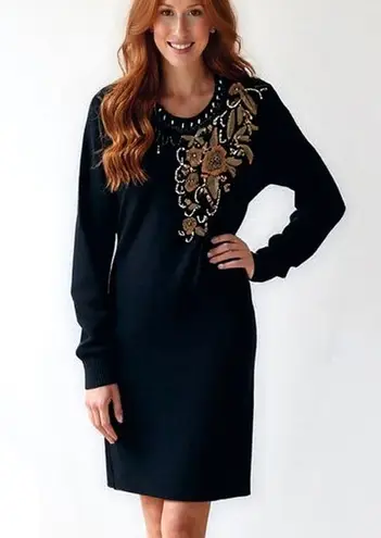 80s Vintage LARISA Black Embroidered and Beaded Knit Midi Sweater Dress Size L