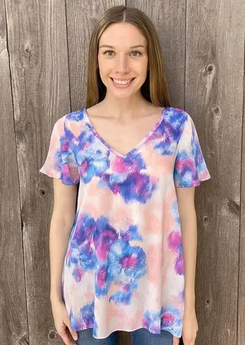 Buddy Love Tie Dye Pink Blue Flutter Sleeve V Neck Loose Fit Boho Blouse Top M Size M