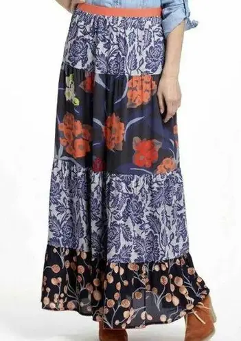 Anthropologie  Skirt Womens 0 Floral Pull On Maxi Navy Tiered Vanessa Virginia