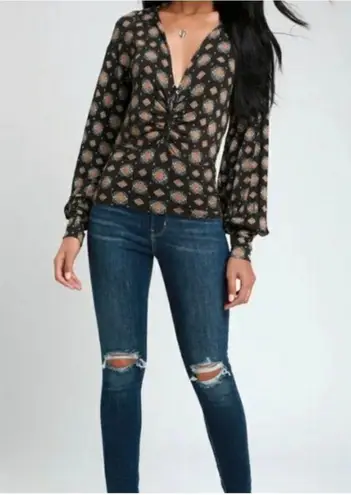 Free People Sydneys Party Top XS Medallion Printed Deep V Revolve Black Trendy