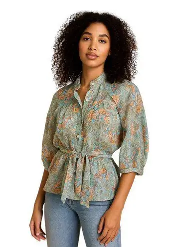 Front Row Center Peasant Sleeve Blouse Green Size M Floral Vintage Boho Cottage Size M