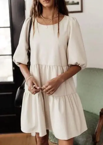 Bohme Tiered Faux Leather Boho Babydoll Dress in Ivory Cream Women’s Size Small