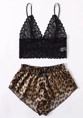 Boutique Black & Leopard Print, Lace & Satin, Lingerie Set