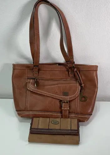 BOC Satchel Organizer Brown Shoulder Bag Charm Clutch Trifold Stitch Wallet Boho