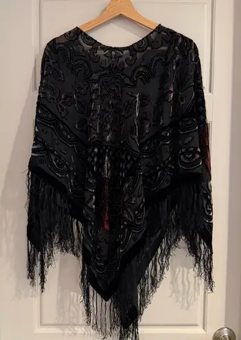 Black Velvet Fringe Burnout Floral Embossed Whimsigoth Shawl