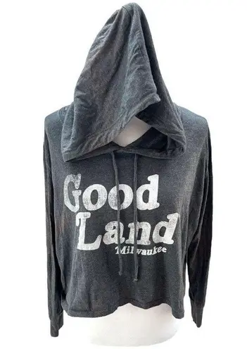 Brew City Brand Good Land Milwaukee Long Sleeve Hooded Cropped Shirt Gray Large