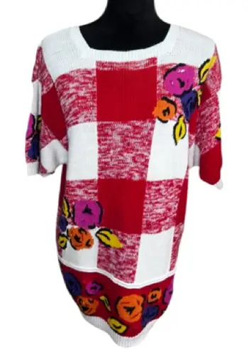 Vintage Colorful Checkered Knit Sweater Red Size L - Image 1