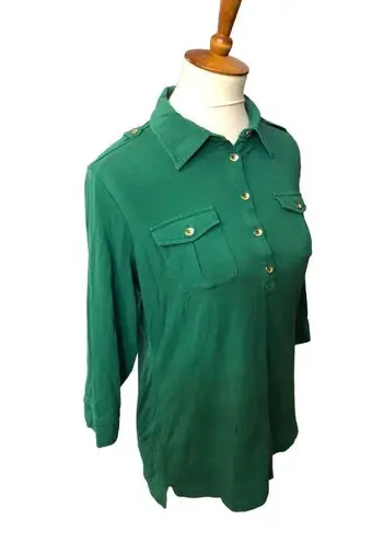 Tommy Hilfiger  forest green 3/4 button crown collared with gold accent buttons s