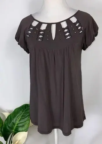 BCBGMAXAZRIA  Brownish Gray Short Sleeve Top Bejeweled Cutouts XS