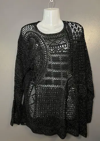 Arlene Sweater Womens Medium Large Black Crochet Knit Sheer Metallic Boho