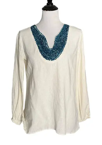 Isaac Mizrahi Isaac Mizrahi Beaded Tunic Top Womens S Linen Long Sleeve Resort wear Vacation