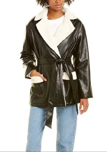 Pascale La Mode faux leather wrap jacket black w/white faux fur lining Size L Size L