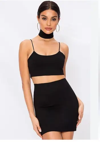 Women’s 2 Piece Set Black Crop Top & Belted Skirt w/ Jeweled Choker Clubwear
