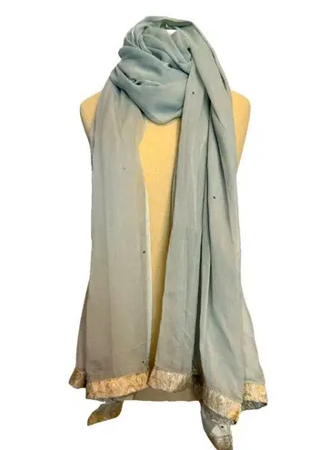 Women's teal gray Scarf with Gold Lace Trim Elegant Chic