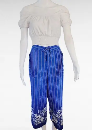 Mixit Blue White Striped Floral Border Capris Size 8