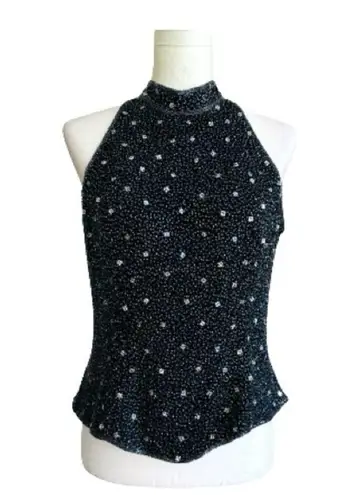 Sean Collection Sean Black Blue Beaded Silk High Neck Sleeveless Evening Formal Top Large NEW