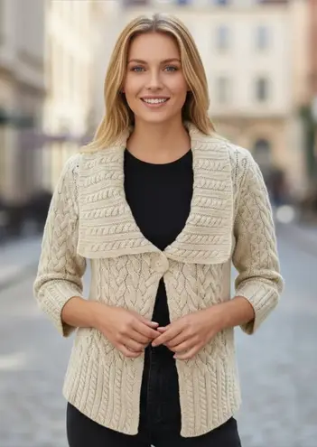 Inis Crafts Ivory 100% Merino Wool Cable Knit Cardigan Sweater Size Small