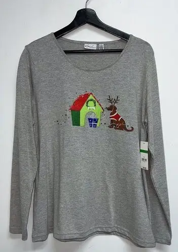 kim rogers Womens Reindeer Dog Christmas T-shirt Size L Gray Appliqued Studs New